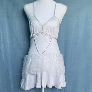 Roma White Showgirl Dress S/M Stretch Nylon Spandex Floral Trim